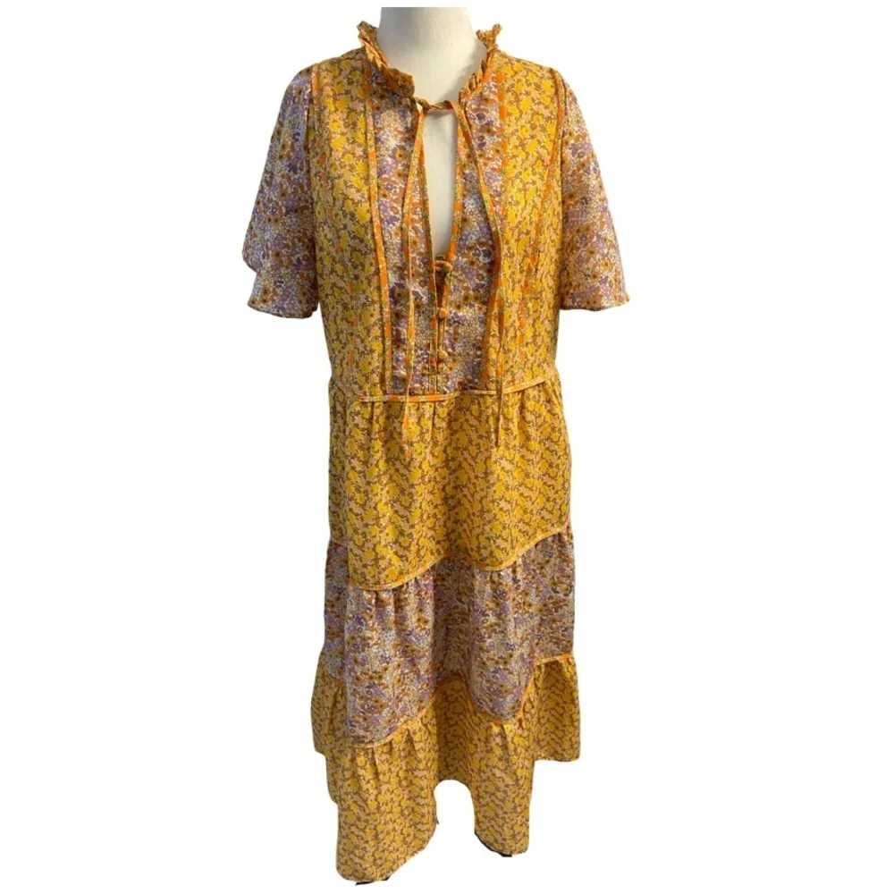 Lollys Laundry Godwin Floral Midi Dress Yellow Multicolor Size Large Pit 21 - Picture 4 of 17